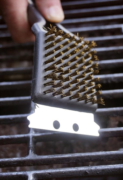 RSVP International (BQ-9B) BBQ Grill Cleaning Brush/Scraper, 9" | Brass Bristles & Stainless Steel Scraper | Gas/Charcoal Grill | Dishwasher Safe