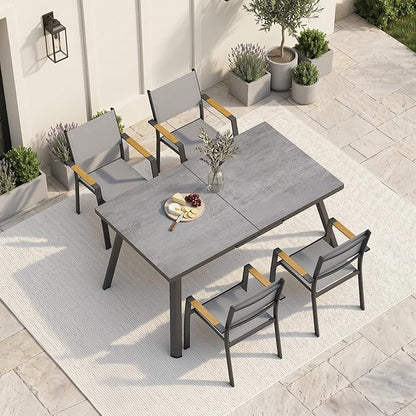 RoyalCraft 5-Piece Outdoor Dining Set with Adjustable Length Dining Table, 75" L×36" W Expandable Patio Table and Chairs Set for 4, Aluminum Stackable Chairs with Quick Drying Fabric for Porch, Grey