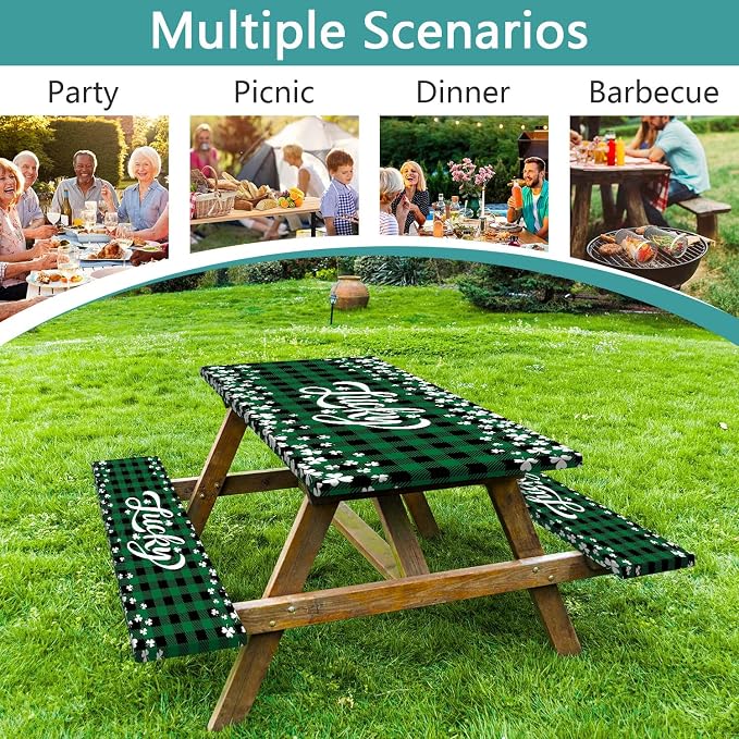 St. Patrick's Day Picnic Table Cover with Bench Covers, Camping Essentials, Buffalo Plaid Shamrock Lucky Outdoor Table Covers, Waterproof, Fitted Tablecloth Cover with Elastic Edge, 3 PCS, 30x72 Inch
