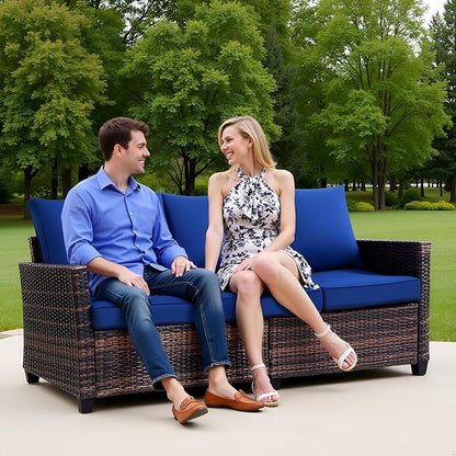 3-Seat Outdoor Sofa, PE Rattan, Blue | High Back Support,Deep Seat Comfort,All-Weather Cushions,For Patio/Garden/Deck,Modern Style