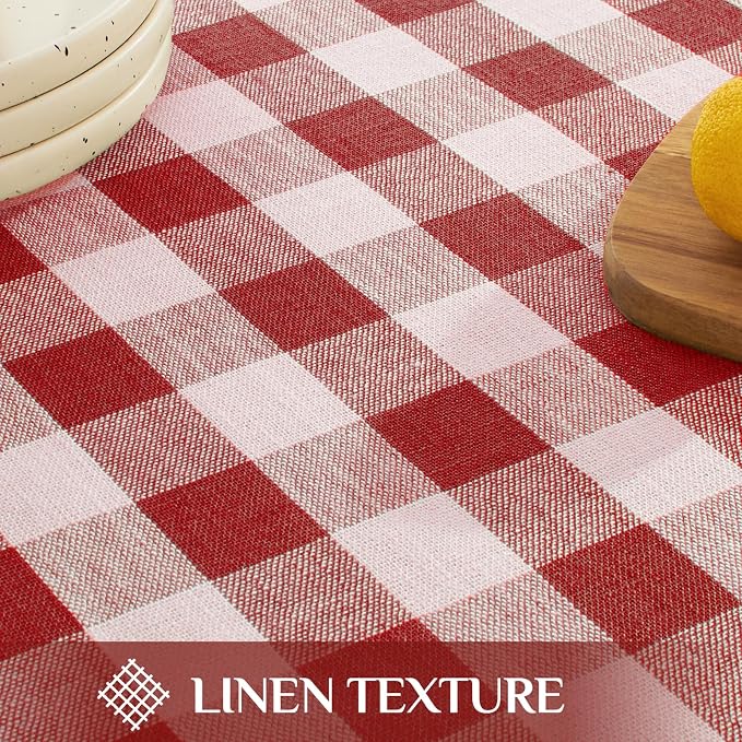 Softalker Checkered Tablecloth Rectangle, Outdoor Linen Cotton Gingham Table Cloth with Tassel, Heavy Duty Wrinkle Free Buffalo Plaid Table Cover for Kitchen Dining Summer Party - 55 x 102 Inch, Red