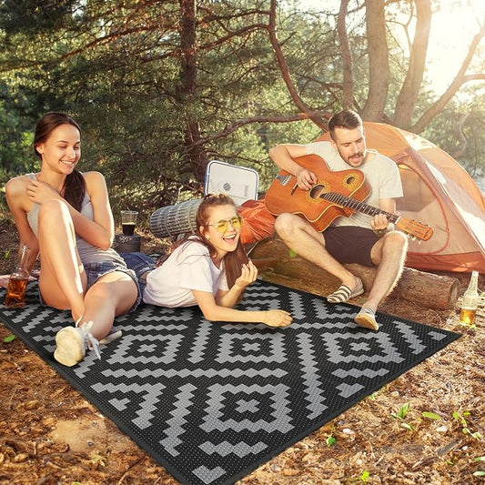 GENIMO Outdoor Rug 3'x5' Waterproof for Porch, Plastic Door Mat Black Grey | Outside Modern Carpet for Patio Decor, Balcony, Deck, Backyard, Picnic, Camping, RV, Reversible, Foldable, Lightweight