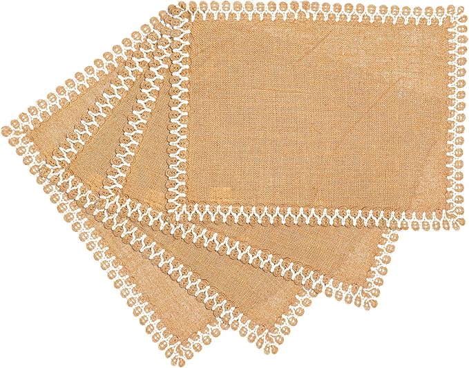 Hausattire Jute Burlap Placemat 14x14 Inches - Natural, Lace Design Edges Table Mats for Bar Table Indoor Outdoor Rustic Easter Farmhouse Kitchen Coffee Dinner Table Decor Mats - Set of 4