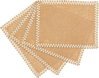 Hausattire Jute Burlap Placemat 14x14 Inches - Natural, Lace Design Edges Table Mats for Bar Table Indoor Outdoor Rustic Easter Farmhouse Kitchen Coffee Dinner Table Decor Mats - Set of 4