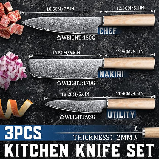 ROCOCO Damascus Chef Knife Set - Japanese Nakiri Utility Paring Knives Sharp Gyuto Meat Cleaver for Home Kitchen Gift Idea