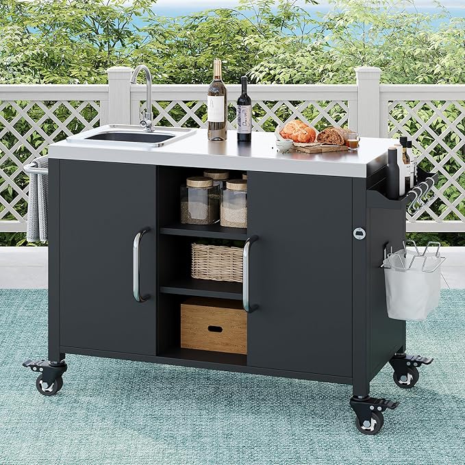 Merax 55.5" Outdoor Kitchen Island, Metal Grill Cart Table with 304 Stainless Steel Sink, Outdoor Bar Cart Sink Station with 4 Lockable Wheels for Pizza Prep & BBQ, Black