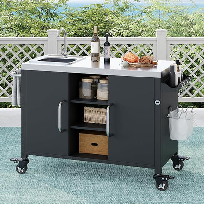 Merax 55.5" Outdoor Kitchen Island, Metal Grill Cart Table with 304 Stainless Steel Sink, Outdoor Bar Cart Sink Station with 4 Lockable Wheels for Pizza Prep & BBQ, Black