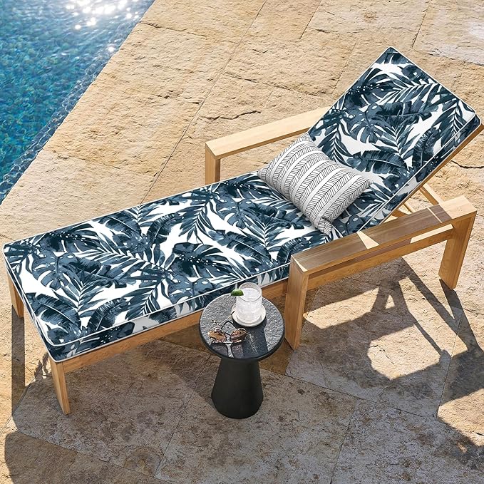 LVTXIII Outdoor Chaise Lounge Cushion 72x21x3 Inch, Water-Repellent Patio Seat Cushion with Ties & Hidden Zipper, Thick Foam Pad for Lawn Chair, Poolside, Patio Furniture, Palm Blue