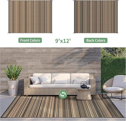 GENIMO Outdoor Rug, Waterproof Plastic Rugs for Patio, 9'x12' Light Brown | Outside Larger Modern Carpet Mat for Porch Decor, Deck, Balcony, Camping, RV, Backyard, Picnic, Beach, Reversible, Foldable