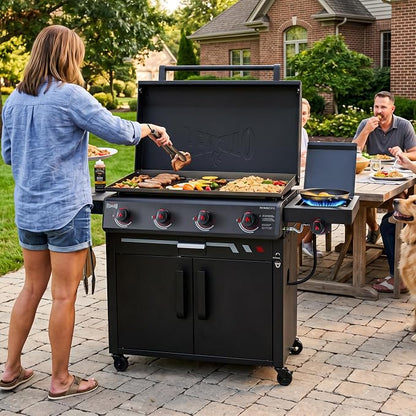FEASTO 36" 4-Burner Propane Gas Griddle with Side Burner and Cabinet | 50,000 BTU, 720 Sq. In., Outdoor Flat Top Grill with Disposable Foil Liners for Patio, Backyard, BBQ Party, Black