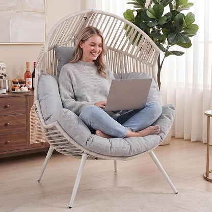 Shintenchi Wicker Egg Chair Rattan Patio Chair with Cushion, Oversized Patio Lounge Chairs Egg Basket Chair, Egg Seat for Indoor Living Room Bedroom Outside, Light Grey