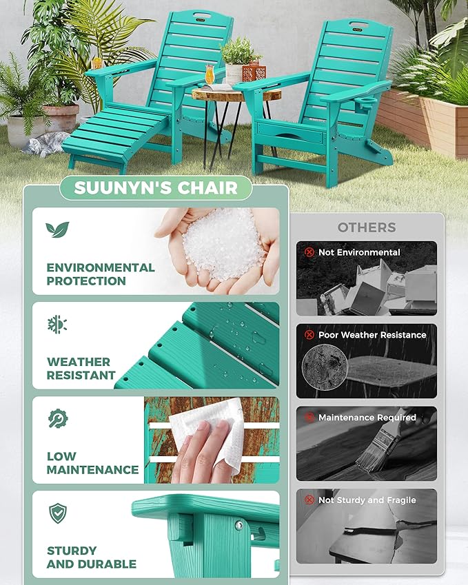 Adjustable Adirondack Chairs Set of 6 with Retractable Ottoman, HDPE Folding Adirondack Chair with Cup Holders, Weather Resistant for Backyard, Poolside & Fire Pit (Lake Blue)
