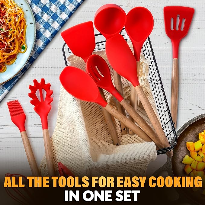 12 Pcs Red Kitchen Accessories with Holder for Nonstick Cookware | Silicone Cooking Utensils Set for BBQ; Heat-Resistant Tools with Wooden Handles for Baking, Serving, Frying, and Mixing