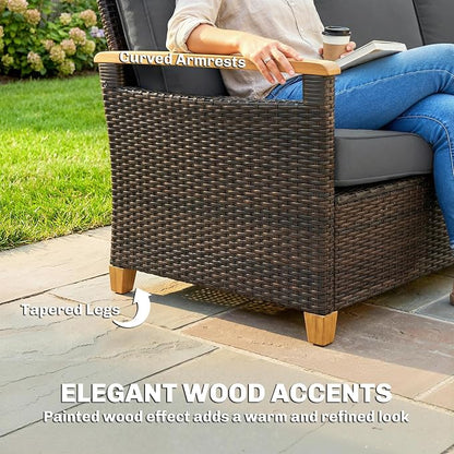 Outsunny 3 Seater Outdoor Couch Sofa, PE Wicker Patio Couch with Wide Deep Seating, 4" Foam Cushions, Wood-Effect Armrests and Legs, Patio Sofa Furniture for Garden, Backyard, Porch, Gray