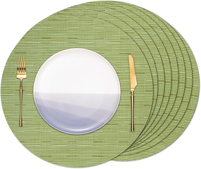 15 Inch Round Placemats Set of 8, Washable Vinyl Woven Place Mats | Heat Resistant Non-Slip Braided Table Mats for Dining Table Kitchen Indoor & Outdoor Use (Green, Set of 8)