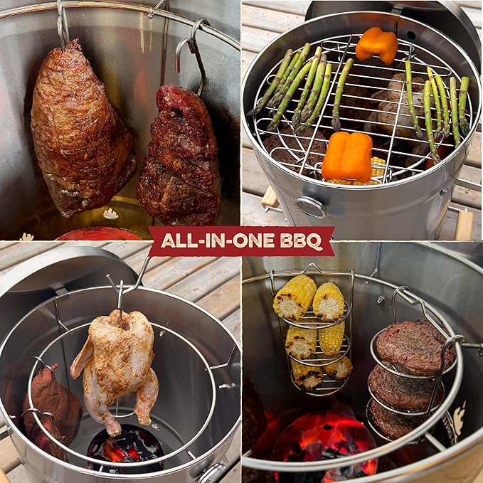 Barrel Smoker Grill Combo | 100% 304 Stainless Steel Barrel | 95% Less Smoke, Even Heat | Easy to Use & Clean – Vertical Smoker Ideal for Balconies and Backyards (SMALL-13 LBS)