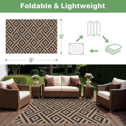 GENIMO Outdoor Rug, Waterproof Plastic Rugs for Patio, 6'x9' Black Cocoa | Outside Larger Modern Carpet Mat for Porch Decor, Deck, Balcony, Camping, RV, Backyard, Picnic, Beach, Reversible, Foldable