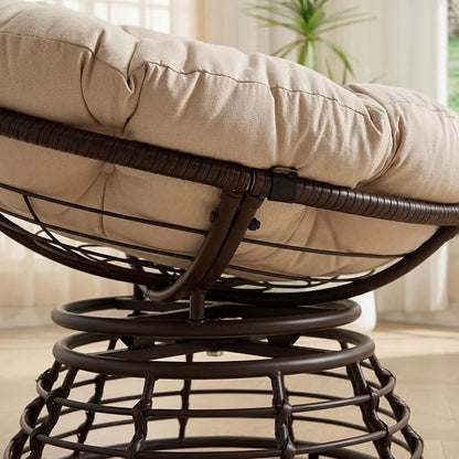 Cushion Papasan Swivel Chair, Ergonomic Wicker Round Chair with Thick Padding, Oversized Swivel Wicker Accent Chairs for Living Room, Bedroom, Reading Room, Balcony, Brown Frame, Beige