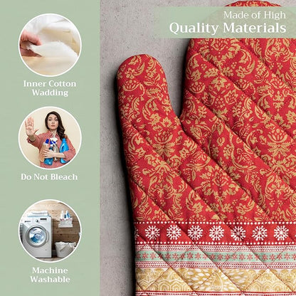 Maison d' Hermine Oven Gloves 100% Cotton Oven Mitt 7" x 13" with Loop Heat Resistant BBQ Cooking Gloves for Thanksgiving Christmas Decorations Baking Handling Hot Pans (Pack of 1, Sofia)