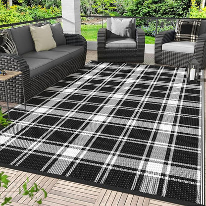 GENIMO Outdoor Rug, Waterproof Plastic Rugs for Patio, 6'x9' Black Plaid | Outside Larger Modern Carpet Mat for Porch Decor, Deck, Balcony, Camping, RV, Backyard, Picnic, Beach, Reversible, Foldable