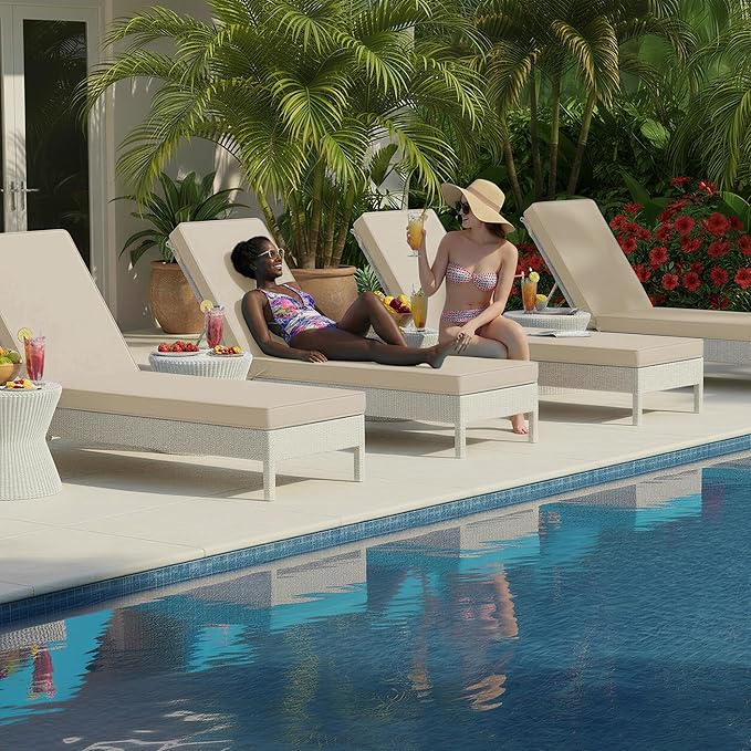Summsun Chaise Lounge Cushions Outdoor Set of 4 - Waterproof and Fade Resistant Sun Lounger Replacement Cushion - Patio Lounger Pads with Removable Cover for Pool, Deck, Lawn, 80 x 26 x 3 Inch, Cream