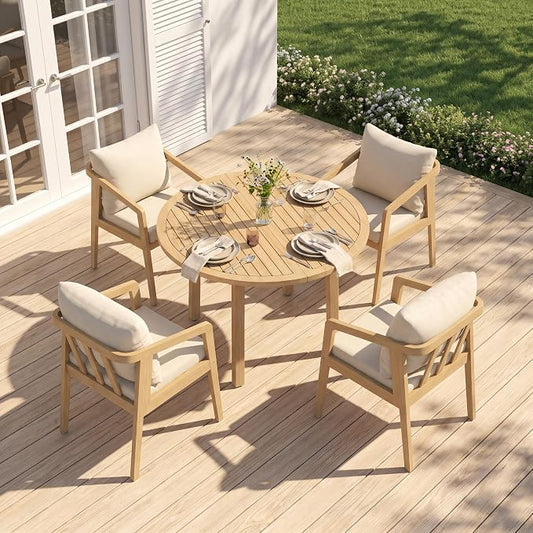 FansaFurn 5 Pieces Acacia Outdoor Patio Table and Chairs Set for All-Weather, Outside Furniture with Table Umbrella Hole and Removable Cushion for 4, Backyard Furniture Set for Patio, Garden, Beige