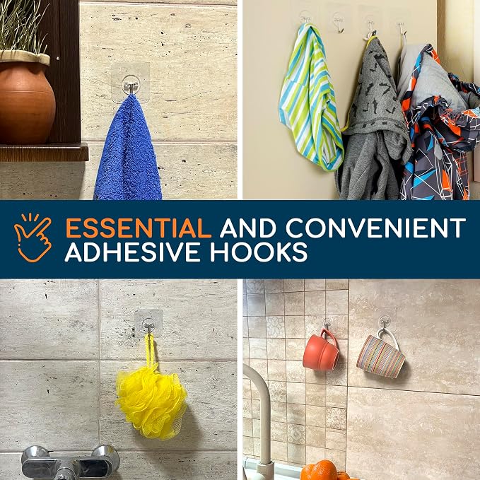 Adhesive Wall Hooks for Hanging Heavy Duty 22 lbs Hooks for Walls No Damage, Towel Sticky Clear Hooks, Waterproof, Home, Bathroom, Kitchen, Office, and Outdoor, 40 Pack