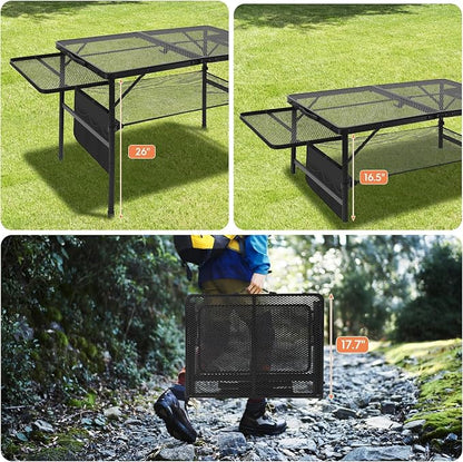 Folding Matel Grill 4.4 FT Camping Table with 2 Wing Panels | Height Adjustable Metal Outdoor Table with Mesh Desktop and Mesh Bag, Picnic, Beach and BBQ, Party