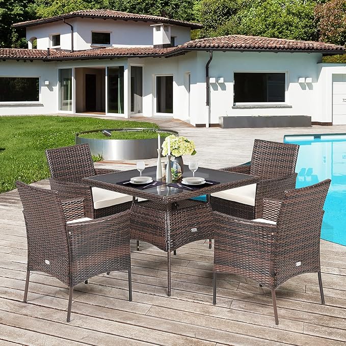 HAPPYGRILL 5 Pieces PE Wicker Patio Dining Set with Table and Chairs with Cushions, Outdoor Patio Furniture Set for Deck, Garden and Backyard (Brown Beige & Glass)