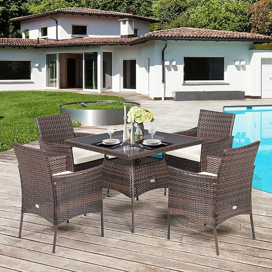 HAPPYGRILL 5 Pieces PE Wicker Patio Dining Set with Table and Chairs with Cushions, Outdoor Patio Furniture Set for Deck, Garden and Backyard (Brown Beige & Glass)
