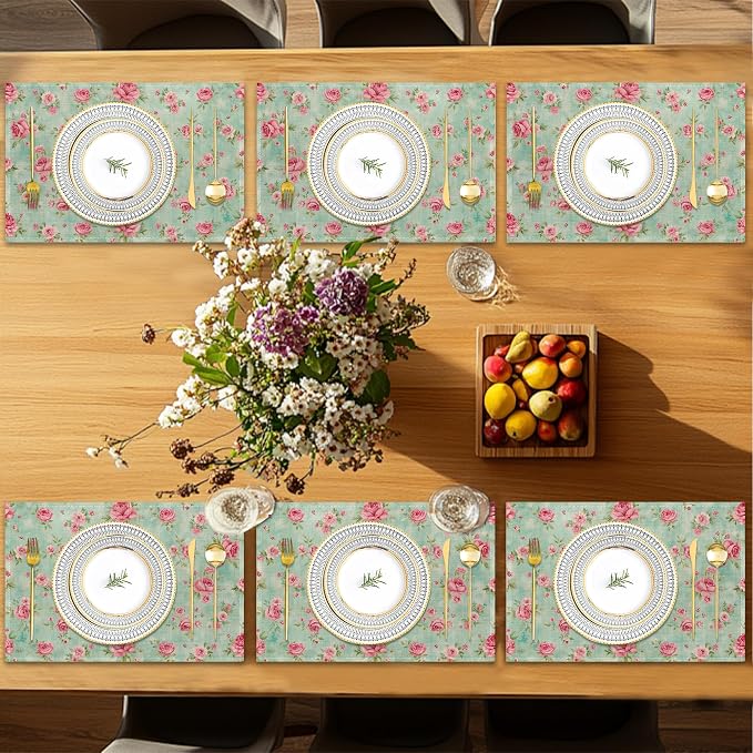 6 Pcs Placemats,Pink Flower Placemat,Vintage Floral Table Mats Washable Recyclable Table Placemats for Indoor Outdoor Heat Resistant Kitchen Dining 12"x18"