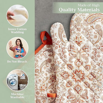 Maison d' Hermine 100% Cotton Oven Mitt & Pot Holder Set (7.5"x13" & 8"x8") Heat Resistant BBQ Cooking Gloves with Loop for Thanksgiving Christmas Decorations Handling Hot Pans (Cachemire)