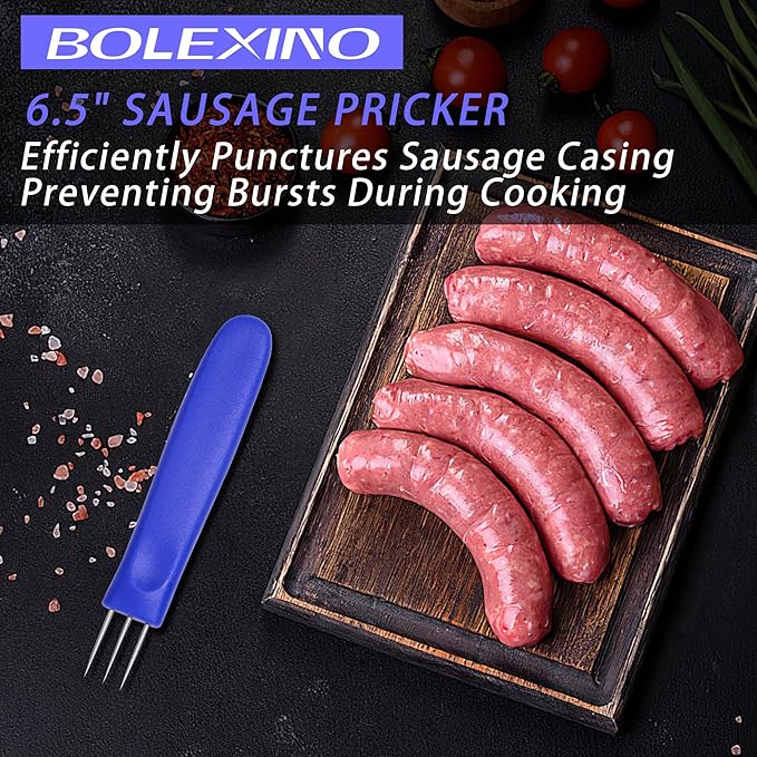 3-Prong Sausage Pricker Tool, 6.5 Inch Stainless Steel Meat Needle for Sausage Making, with Non-Slip Handle & Storage Case for Sausage Making