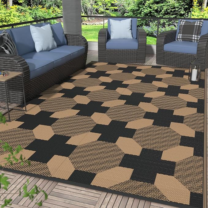 GENIMO Outdoor Rug, Waterproof Plastic Rugs for Patio, 6'x9' Deep Brown | Outside Larger Modern Carpet Mat for Porch Decor, Deck, Balcony, Camping, RV, Backyard, Picnic, Beach, Reversible, Foldable