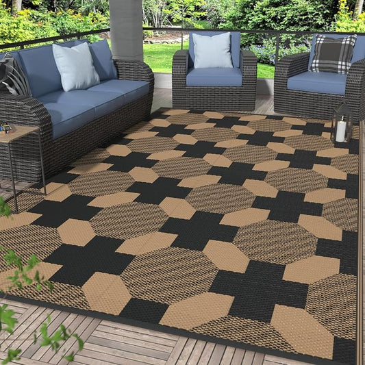 GENIMO Outdoor Rug, Waterproof Plastic Rugs for Patio, 6'x9' Deep Brown | Outside Larger Modern Carpet Mat for Porch Decor, Deck, Balcony, Camping, RV, Backyard, Picnic, Beach, Reversible, Foldable