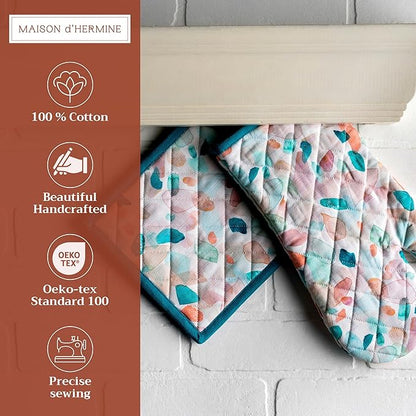 Maison d' Hermine 100% Cotton Oven Mitt & Pot Holder Set (7.5"x13" & 8"x8") Heat Resistant BBQ Cooking Gloves with Loop Baking Grilling Kitchen Hotel Home Farmhouse Spring Summer (Summer Picnic)