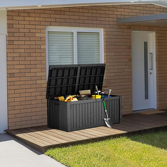 180 Gallon Deck Box Organizer, Doubles as 2-Person Bench Seat, Black – Large Resin Outdoor Storage and Seating with Lockable Lid for Garden, Pool, and Patio