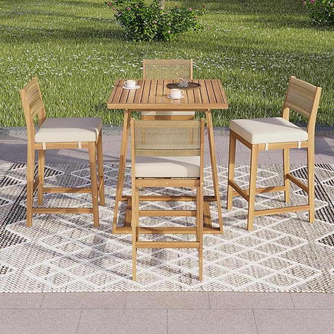 Christopher Knight Home Barron 5-Piece Acacia Wood Patio Bar Set, Patio Bar Table and Stools Set, Soft Seat Cushions, Rattan/Wicker Dining Set for Garden, Backyard, Poolside, Balcony, Teak + Beige