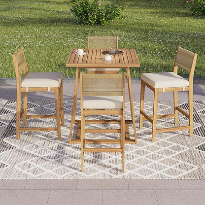 Christopher Knight Home Barron 5-Piece Acacia Wood Patio Bar Set, Patio Bar Table and Stools Set, Soft Seat Cushions, Rattan/Wicker Dining Set for Garden, Backyard, Poolside, Balcony, Teak + Beige