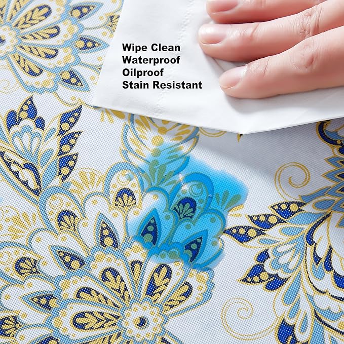 Home Bargains Plus Round Vinyl Tablecloth with Flannel Backing, 70 Inch, Alluring French Country, Yellow and Blue Floral Vinyl Table Cover, Heavy Weight for Dining Party and Barbecues