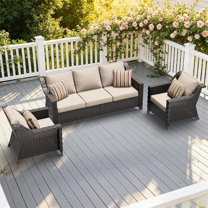 3 Piece Patio Furniture Set, Wicker Outdoor Conversation Set | Patio Chair Set with Olefin Removable Cushion, All-Weather Outdoor Couch with Deep Seat for Porch, Deck and Backyard, Beige
