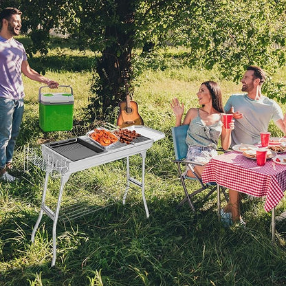 LEADZM Stainless Steel Barbecue Grill, BBQ Charcoal Foldable & Portable Grill, Great for Outdoor Cooking Camping Hiking Picnics Tailgating, Silver 39.3"×12.2"×27.9"
