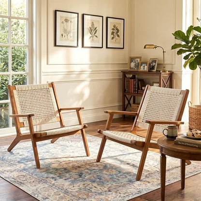 Greesum Acacia Wood Patio Recliner Chairs | 2 Pack Modern Rope Accent Recliners, Outdoor Lounge Seating for Balcony, Porch, Backyard & Poolside