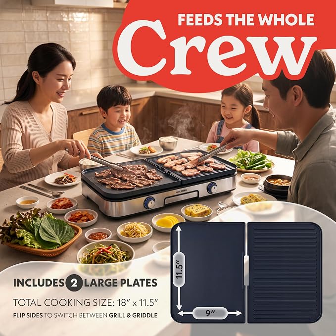 Gourmia 3-in-1 Indoor Grill & Griddle Electric Combo – Dual Independent Cooking Zones, Reversible Nonstick Ceramic Plates, XL Cooking Surface, 250–400°F Adjustable Temp, Dishwasher Safe
