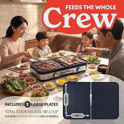 Gourmia 3-in-1 Indoor Grill & Griddle Electric Combo – Dual Independent Cooking Zones, Reversible Nonstick Ceramic Plates, XL Cooking Surface, 250–400°F Adjustable Temp, Dishwasher Safe