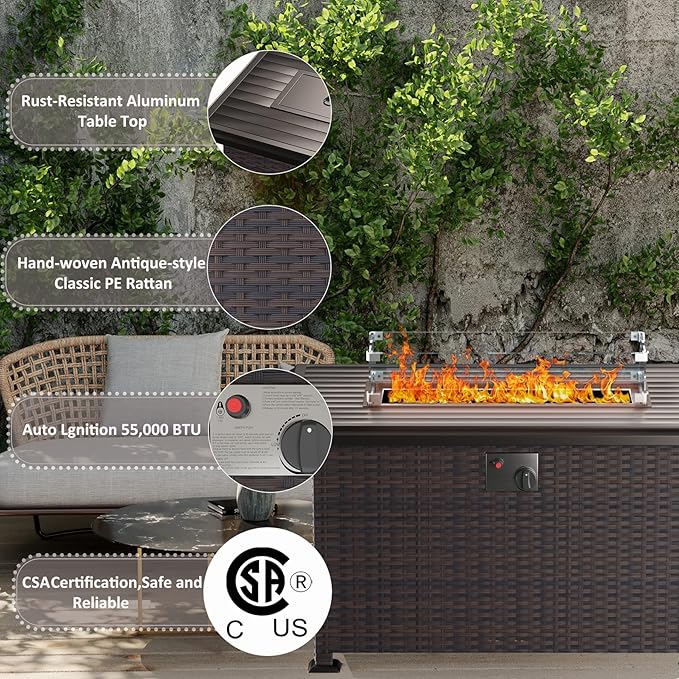 43" Propane Fire Pit Table 55,000 BTU, Gas Fire Pit with Glass Wind Guard and Metal Lid,CSA Certification Outdoor Fire Pit Auto-Ignition