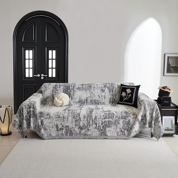 MYSKY HOME Sectional Couch Cover Deep Grey Abstract Geometric Sofa Covers for Sectional Sofa L Shape Chenille Couch Protector for Dogs Pets Couch Throw Cover Washable Durable for Home Decor, 91" X134"