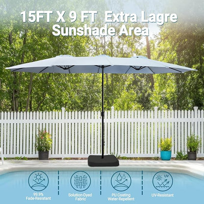 15ft Patio Umbrella with Base, 10-Year-No-Fade Large Outdoor Double-Sided Market Umbrella with UPF50+Terylene Polyester Fabric and Crank for Poolside Garden Deck Backyard Beach Pools
