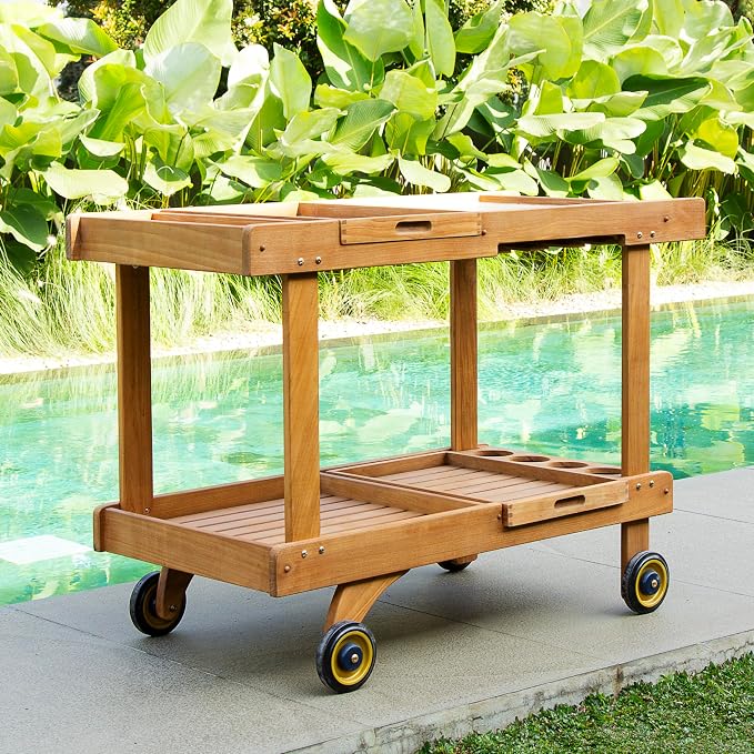 Cambridge Casual Mozaic Teak Outdoor Kitchen Cart, Solid Teak Wood Serving and Prep Station with Natural Finish, Weather-Resistant Utility Cart for Patio, Garden, BBQ, or Outdoor Entertaining Space