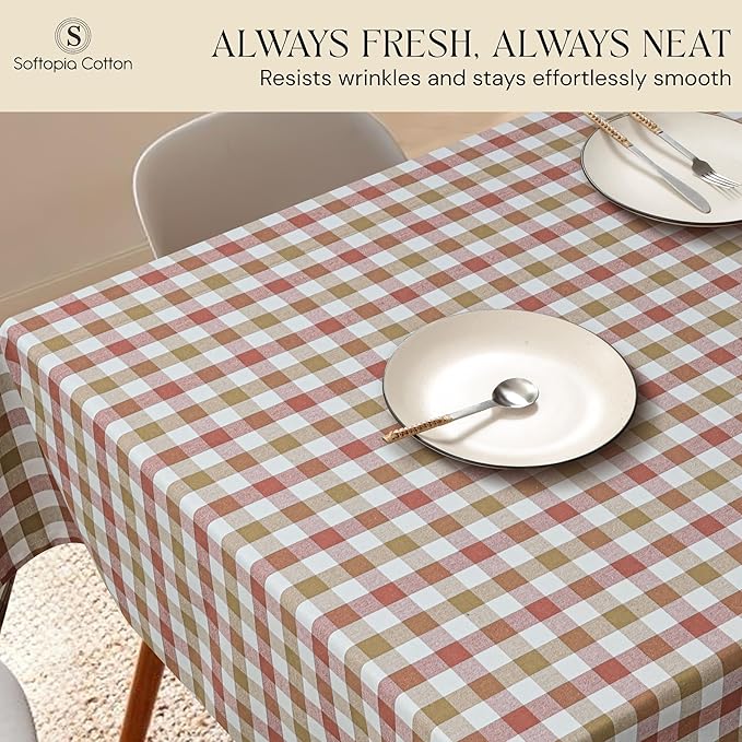 Gingham Check Tablecloth, 60x102 Inches, Reusable Farmhouse Dining Table Cover, 100% Cotton, Washable Table Linen for Thanksgiving, Fall Gatherings, Rust Tan and Natural Plaid